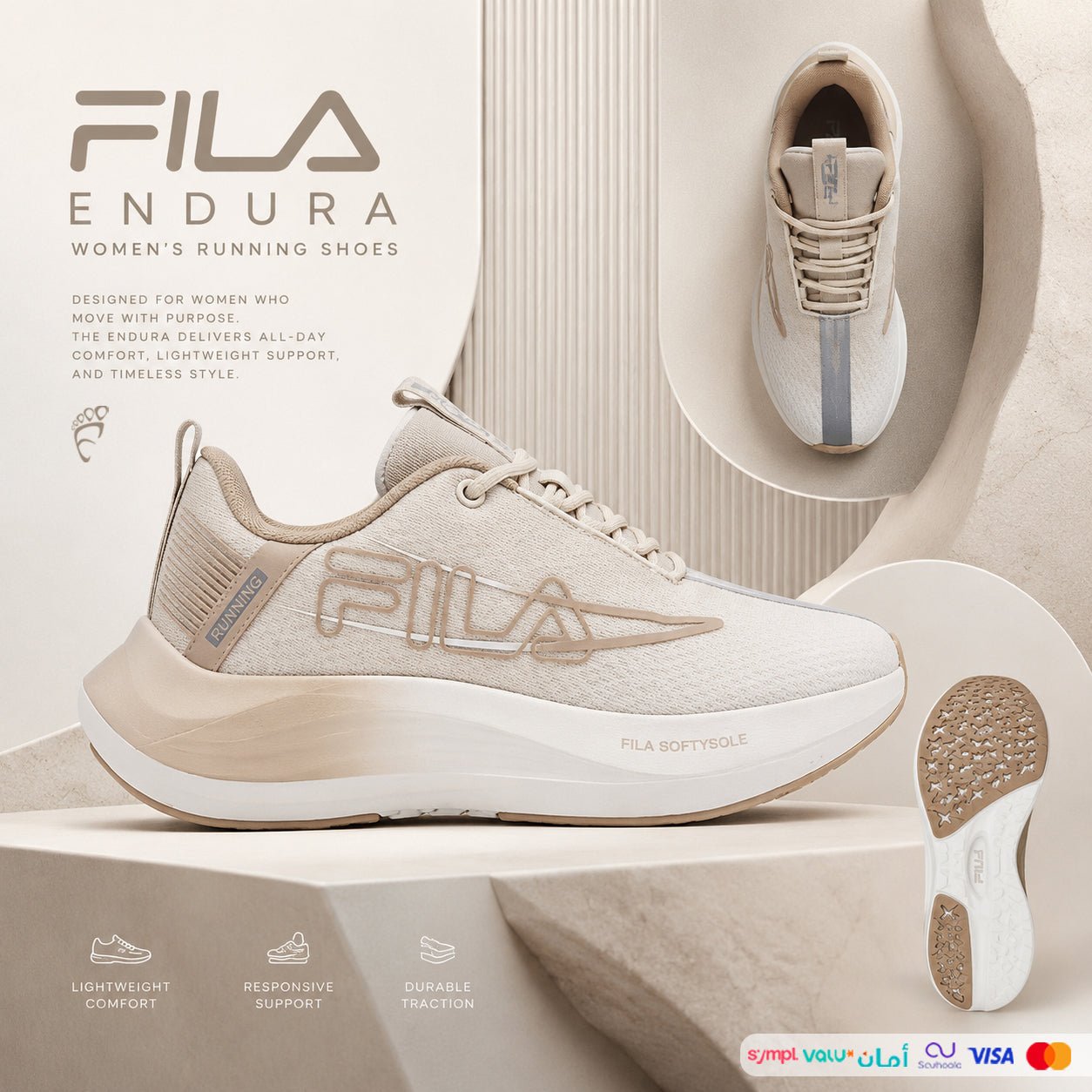 FILA Endura Women's Running Shoes - BEG - Footcourt Egypt