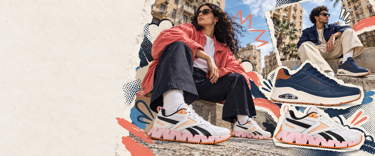 Street-style editorial collage featuring navy Skechers UNO and white, pink and orange Reebok Zig Dynamica sneakers.